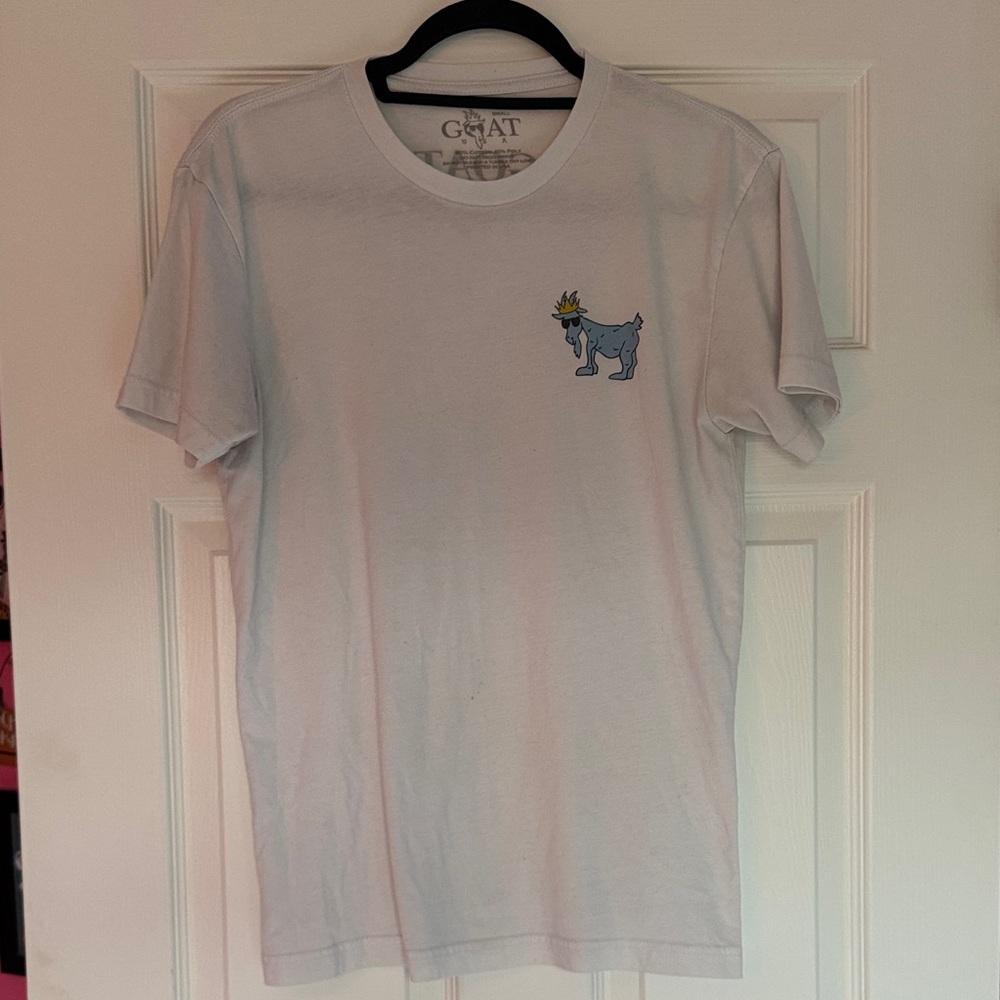 GOAT White T-Shirt with Blue Dog Graphic
